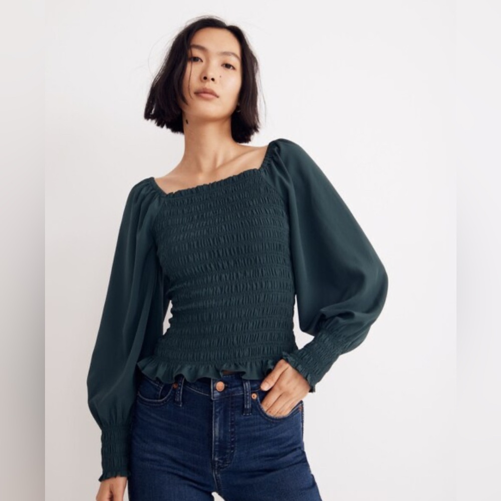 Madewell Lucie Bubble-Sleeve Smocked Top in Dark Palm, Small